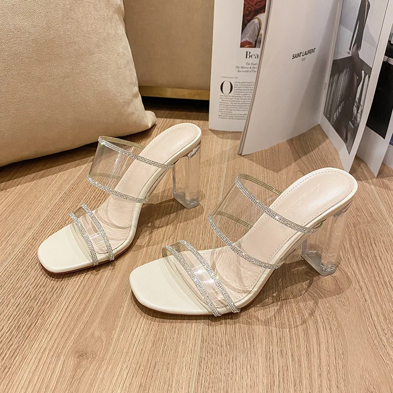 Transparent Crystal Sandals Women's Sexy Thick Heel High Heels Crystal Shoes Outdoor Fairy Style Small Size 32 Large Size Sli... view 2