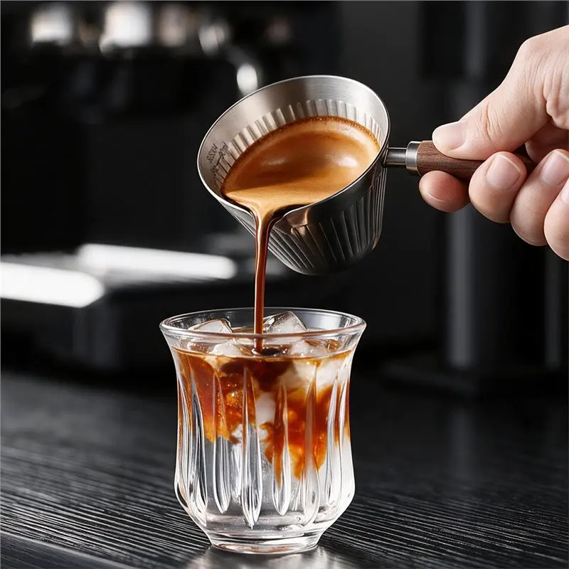 ABMS-Espresso Measuring Cup 4.06 OZ Stainless Steel Espresso Shot Cups With Wooden Handle And Double Spouts Coffee Bar