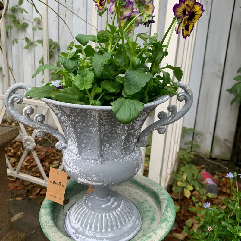 

Vintage Rustic Gray Metal Trophy Flower Pot Small Decorative Planter for Home or Garden Metal Trophy Planter