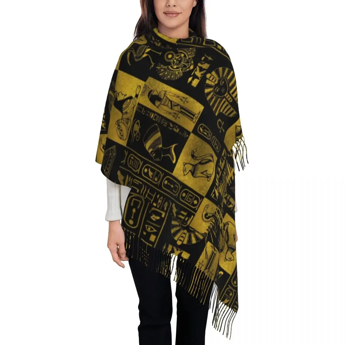 Egyptian Gold Hieroglyphs Shawls Wraps Women Warm Large Long Scarf Ancient Egypt Pashminas Tassel Scarves