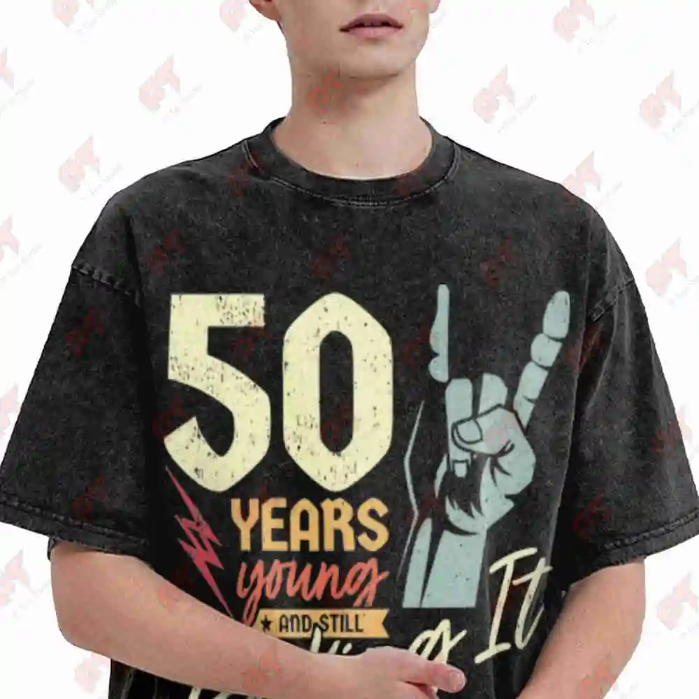 50th Birthday Rock N Roll 50 Years Young Vintage Washed Tee Pure Cotton T-Shirt