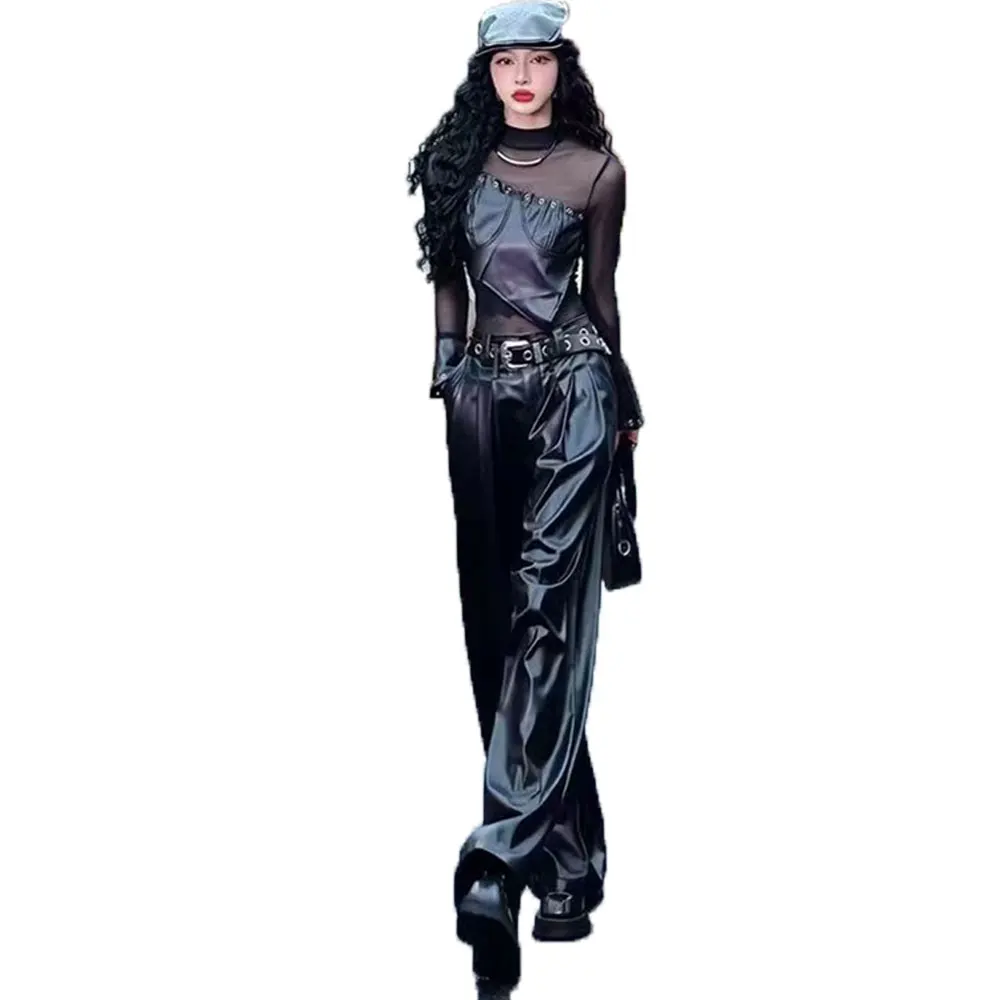 Women\'s PU Leather Wide Leg Pants, Black, Casual, Loose, High Waist, Vintage, Slim, Elastic, Straight Leg, Winter, Autumn, 2023