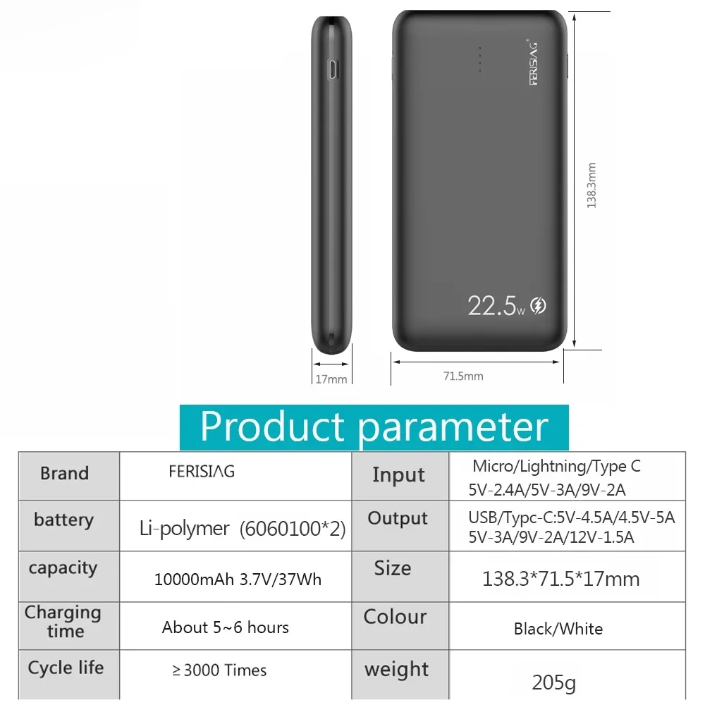 FERISING 5A VOOC Super Fast Charger 10000mah Power Bank USB Type C External Battery PD QC 3.0 Powerbank for Oneplus 6T 7 8 9 10