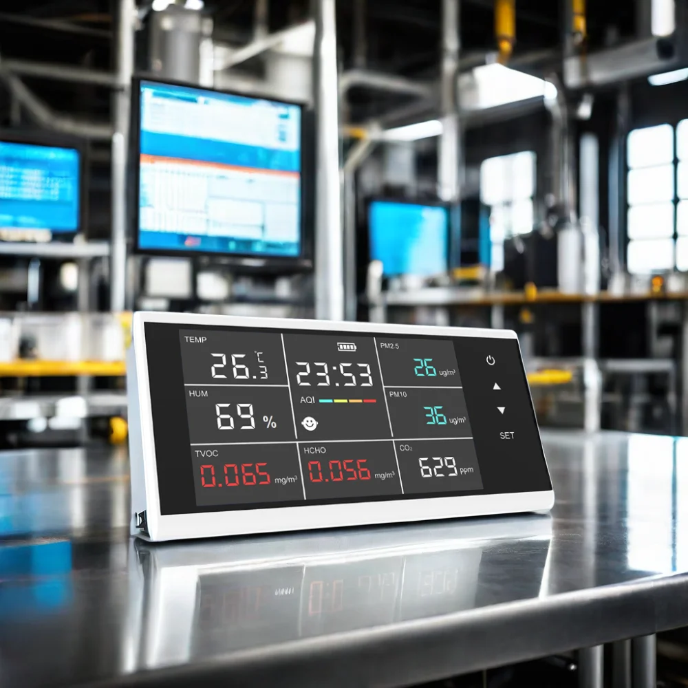 เครื่องตรวจวัดคุณภาพอากาศแบบสัมผัสหน้าจอ ตรวจจับ CO2/PM2.5/PM10 HCHO TVOC อุณหภูมิ ความชื้น พร้อมสัญญาณเตือน HCHO