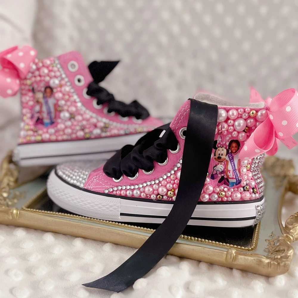 Kids Shoes Name Photo Custom Design For Girl Birthday Party Canvas Dollbling Handmade Bling Rainbow Pearls Sneakers