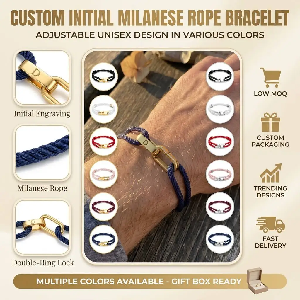 DOREMI Waterproof Tarnish Free Stainless Steel Custom Initial Milanese Rope Bracelet Double Ring Couples Matching Gift Bracelet