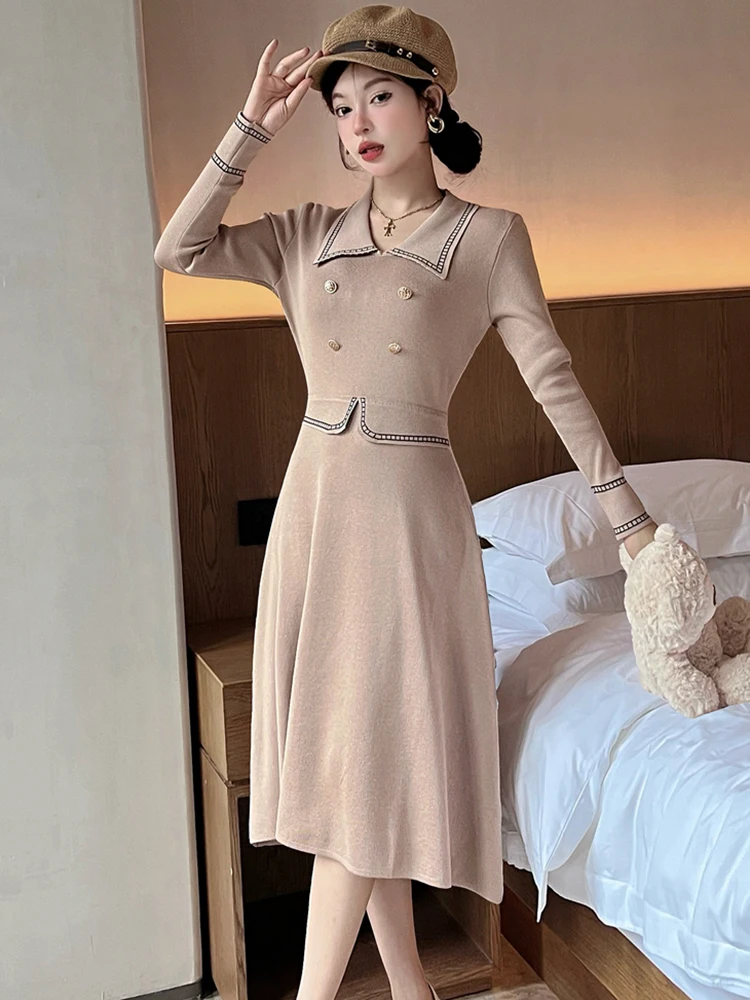 Vrouwen Rode Gebreide Polo Kraag Midi Jurk Met Lange Mouwen Herfst Winter Elegante Casual Thuis Jurk 2025, Koreaanse Mode Bodycon Jurken