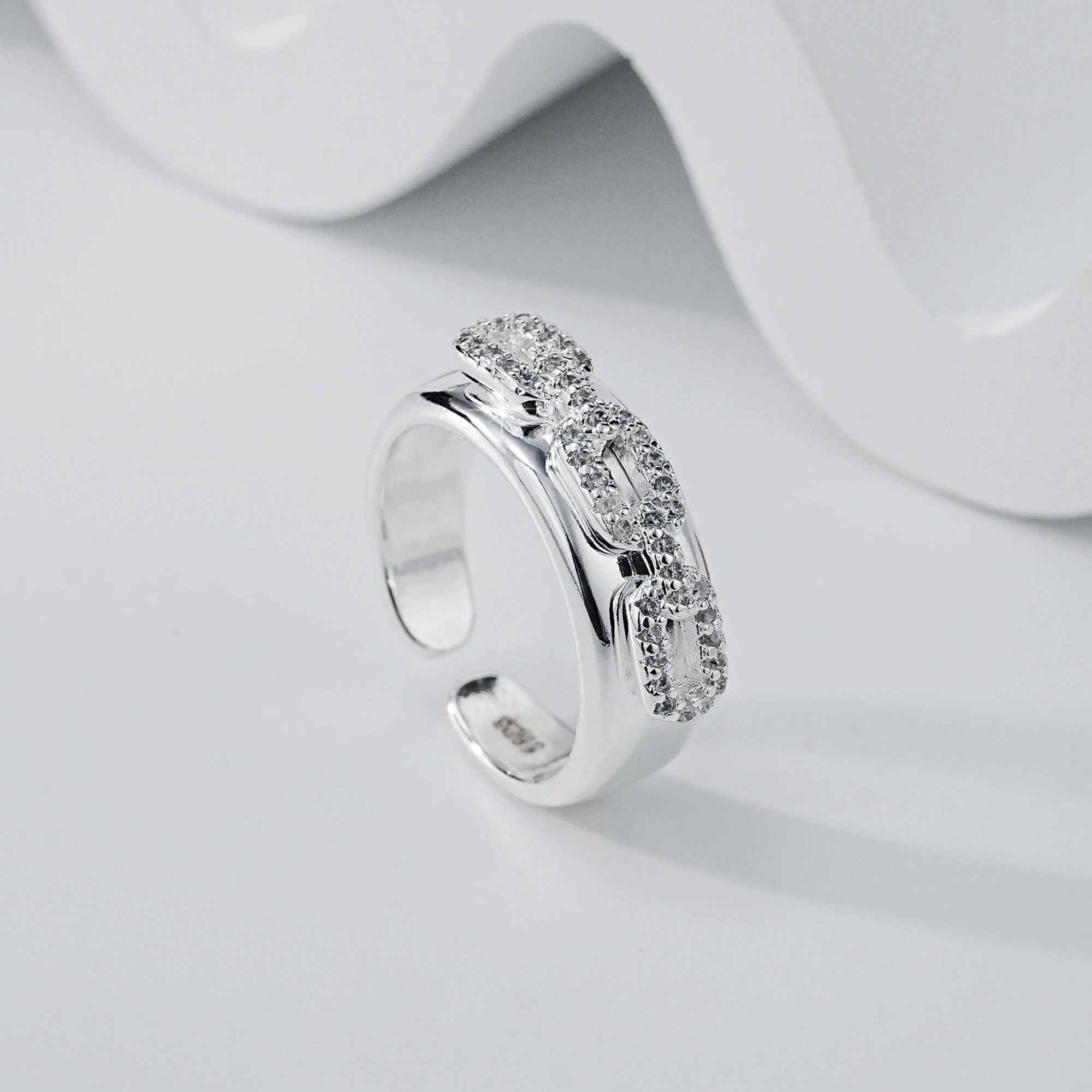 Moissanite Chain Link Ring 925 Sterling Silver Platinum Plated Open Adjustable Pave Interlocking Buckle Wedding Gift Women Girls