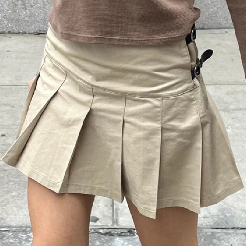 Sweet Preppy Khaki Low Waist Mini Skirt Women Summer New Cotton Chic Sexy Side Zipper Buckle Skirts Retro Vintage Cute Y2K Falda