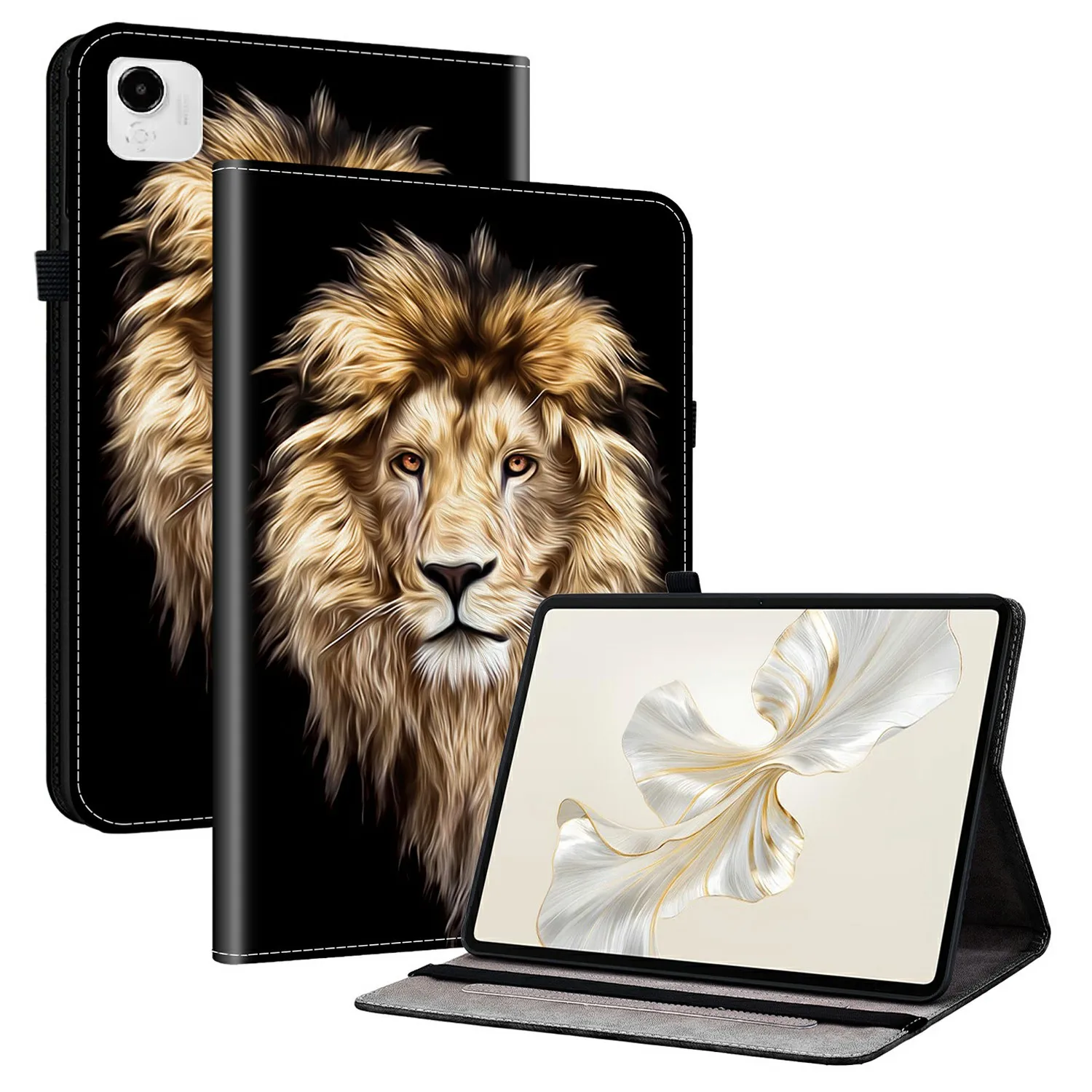 

For Honor Pad X9a Leather Case Pattern Printed Stand Tablet Cover with Card Slots - Lion Head