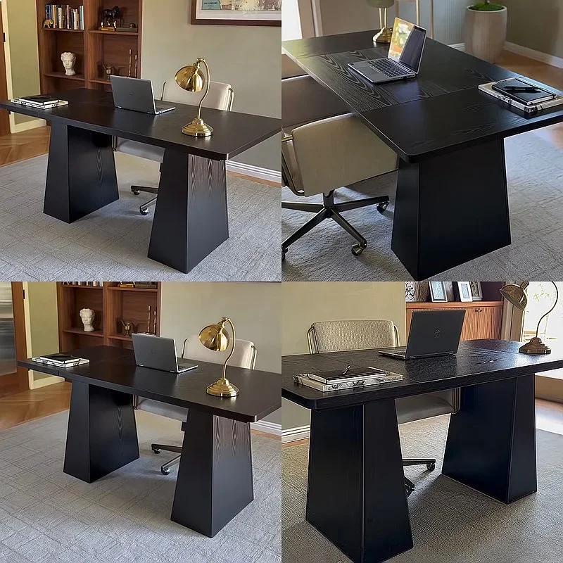 B80 French Solid Wood Desk Vintage Study Table Black Office Workstation Computer Desk