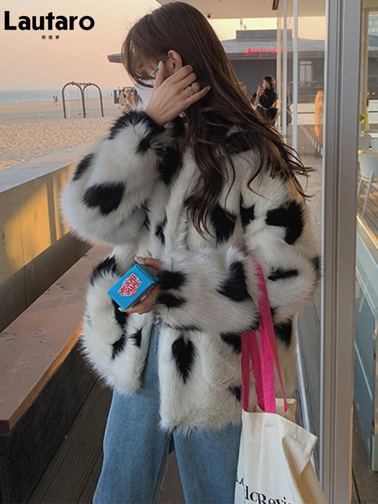 Lautaro Winter Cute Thick Warm Soft Fluffy Hairy Heart-shaped Print Faux Fur Jacket Women Pockets Long Sleeve Polka Dot Clothes