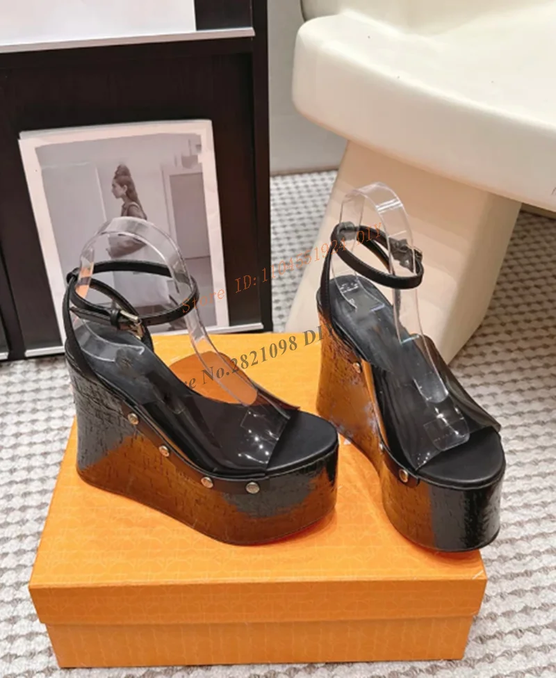 Women's Platform Sandals Pvc High-Heeled Thick-Heeled Shoes Thick-Soled Wood Grain Waterproof Table Sandals Metal Nail Sandals image 2