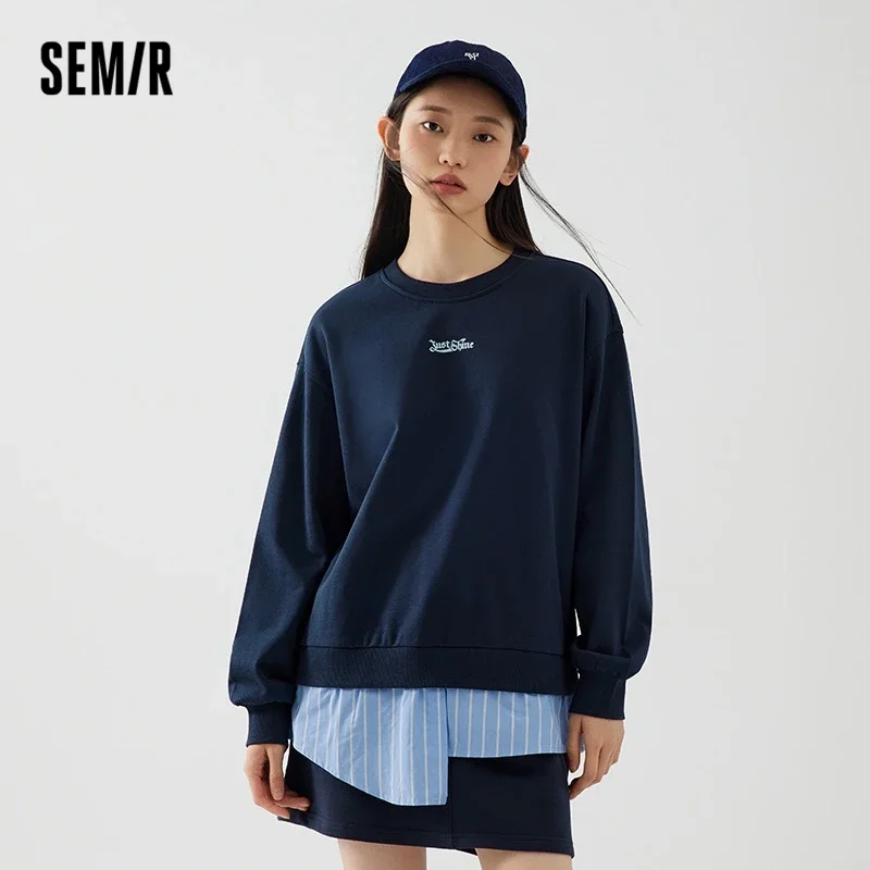 

Semir 2023 Women Sweater Autumn New Irregular Splicing Fake Two-piece Loose Pullover Letter Print Sweater for Women