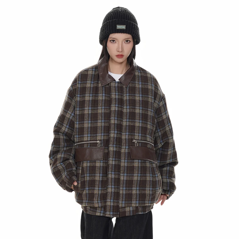 Winter Woolen Plaid Cotton-padded Coat Men Women Streetwear Fashion Loose Casual Parkas Thicken Bomber Jacket Unisex Coats