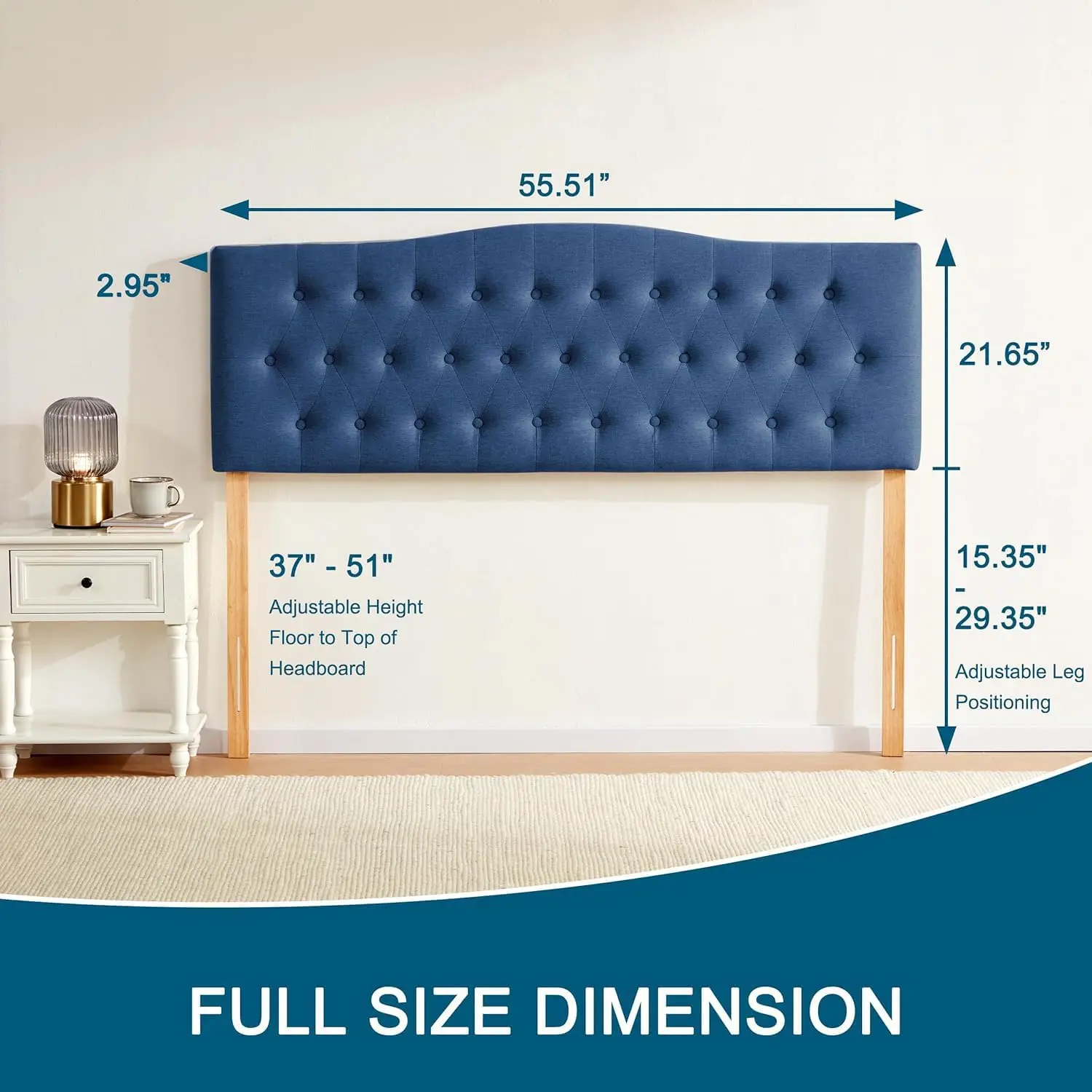 Tufted Headboard Full Size, Solid Wood Adjustable Height Head Board, Blue