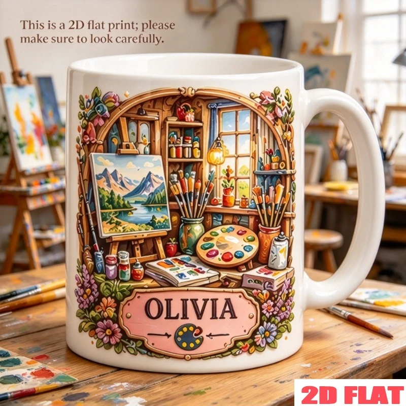 2D1pc11oz Personalized Custom, Art Studio Mug, for Birthday Anniversary, Studio & Home, Coffee Tea, Hand Wash Only Microwave