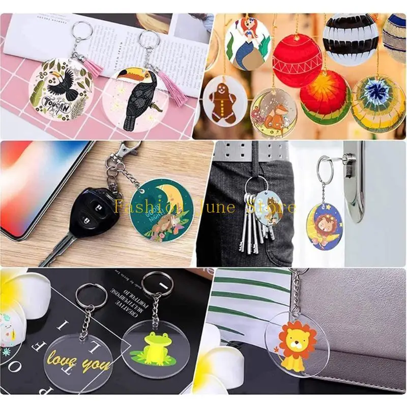N5KA 50Pcs Clear Round Keychain Blanks Tassel Pendant DIY Keychain Set Craft