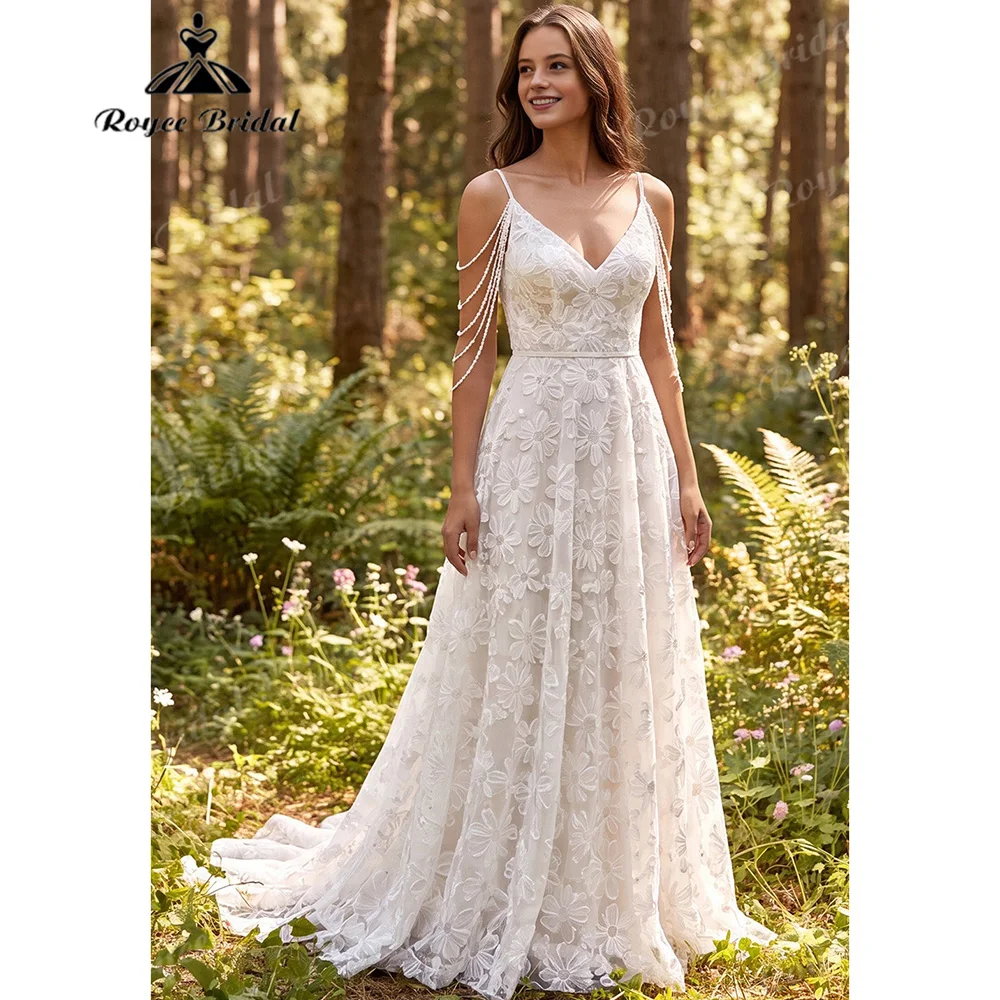 Boho A‑Line Wedding Dress 3D Daisy Floral Lace Bridal Gown Spaghetti Strap Beaded Tassel Shoulder Vestido De Novia Customized