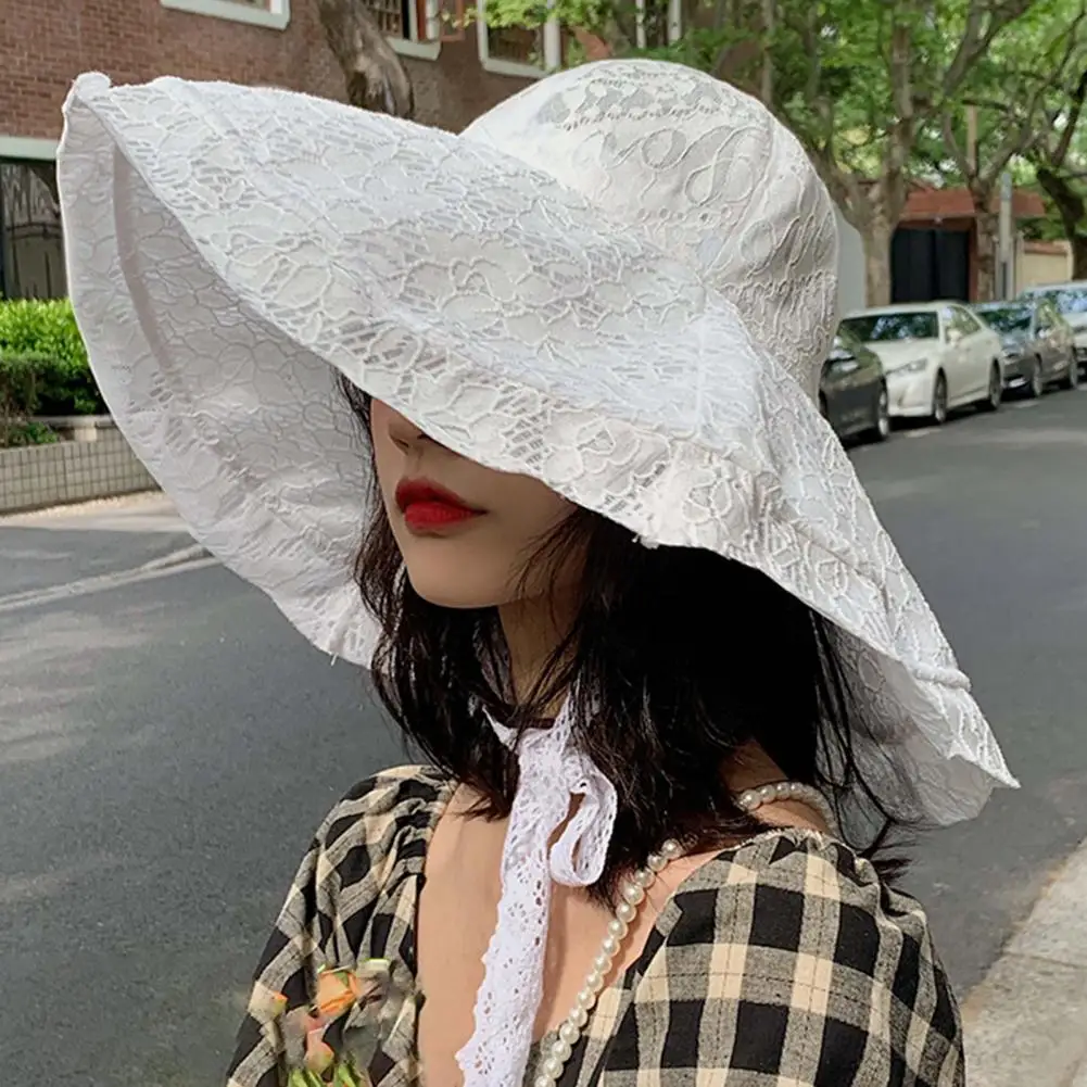 Women Hat Solid Color Breathable Sweet Style White Durable Lace Royal Big Brim Anti-UV Sun Hat Women Headwear Beach Bucekt Hat