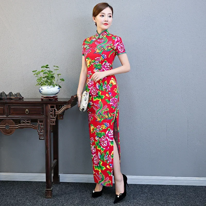 New Long Cheongsam Vintage Chinese Style Party Evening Qipao Spring Dress Oriental Womens Elegant Gown Vestido Plus Size S-5XL