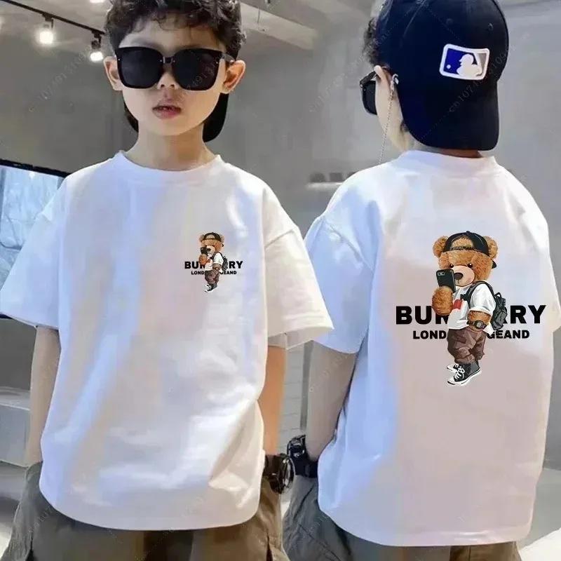 Estate bambini marca orso di lusso T-Shirt nero bianco stampa ragazza Tshirt bambini manica corta T Shirt ragazzo moda cotone Tee vestiti