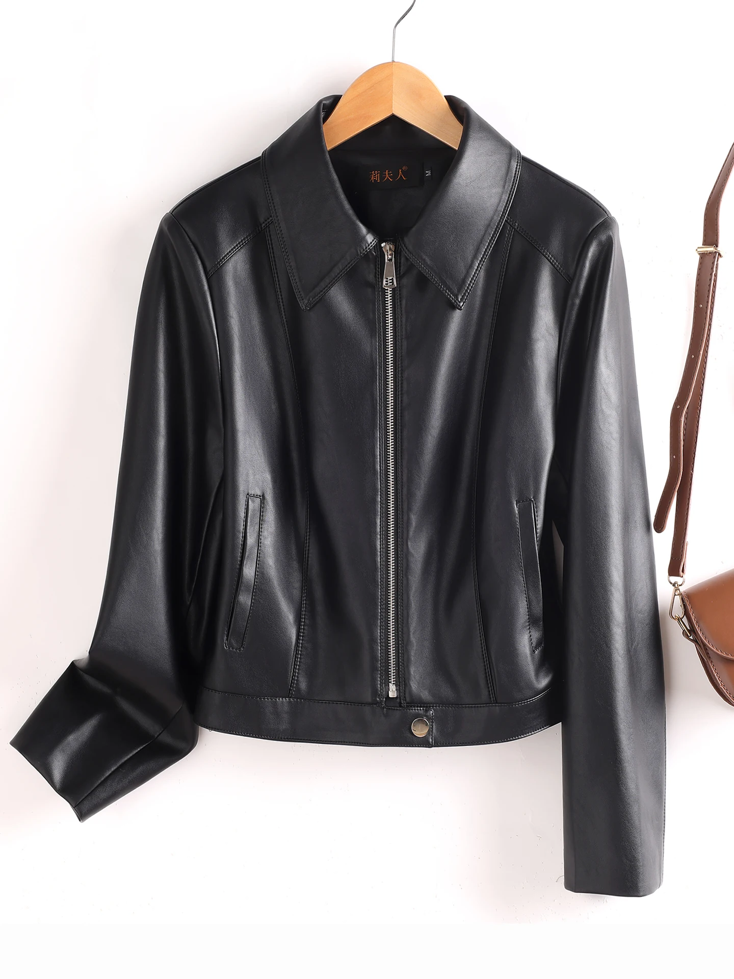 

Slimming Effect ort Leather Jaet Women's Faion Korean Sle Motorcycle Jaet eepskin Turn-down Collar Spring Autumn