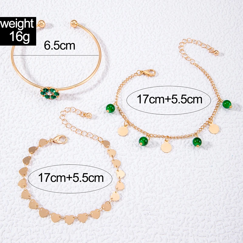 Tocona INS Tredny Green Flowers Tassel Bracelets for Women Gold Color Wafer Adjustable Bohemian Jewelry 3pcs/sets 25138