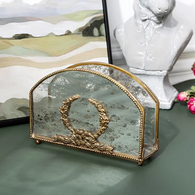 European Vintage Tissue Rack Retro Brass & Glass Napkin Organizer Anti-Oxidation Decorative Multi-Scene Paper Holder