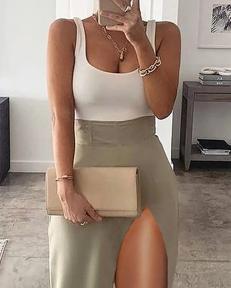 Pure Color Vest High Split  Skirt Casual Set Sexy Sle Daily Wear f Body Skirt for Women Summer Collection