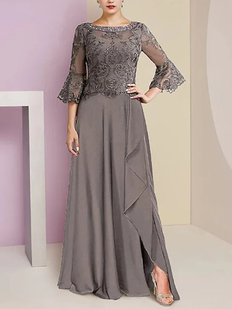 

Mother of the Bride Dress Chiffon 3/4 Length Sleeve Boat Neck Floor-Length A-Line Lace Appliques Beading Formal Wedding Party