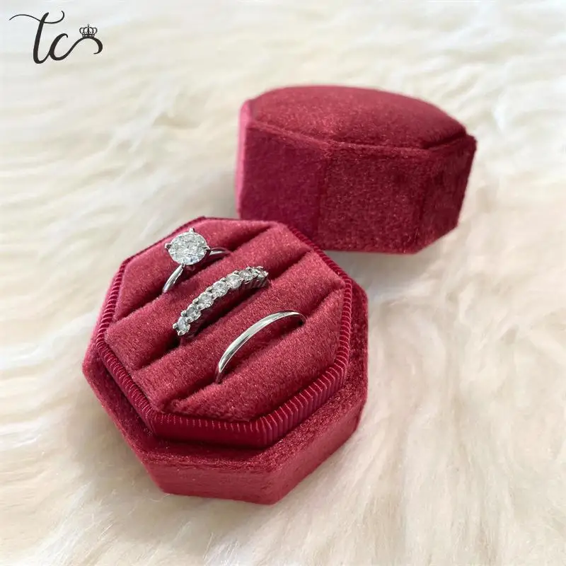 Criativo Octogonal Velvet Ring Box, Organizador do Anel, Presente Comemorativo do Casamento, Caixa de Embalagem, Casal, 1 Slot, 2 Slot, 3 Slots, Alta Qualidade