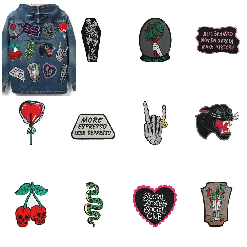 Patch 1pcs for Clothing Sewing Stickers Iron on Patches Punk Skeleton Badge Decoration Stripe Embroidery Fusible Applique