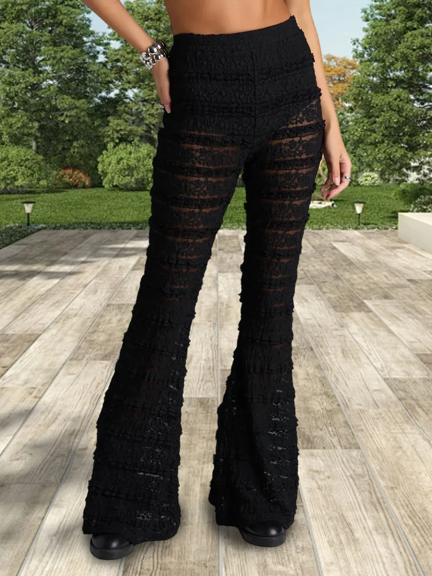 Pantalon élégant en dentelle pour femmes, taille haute, jambes larges, avec broderie florale délicate et détails transparents pour un Look Chic