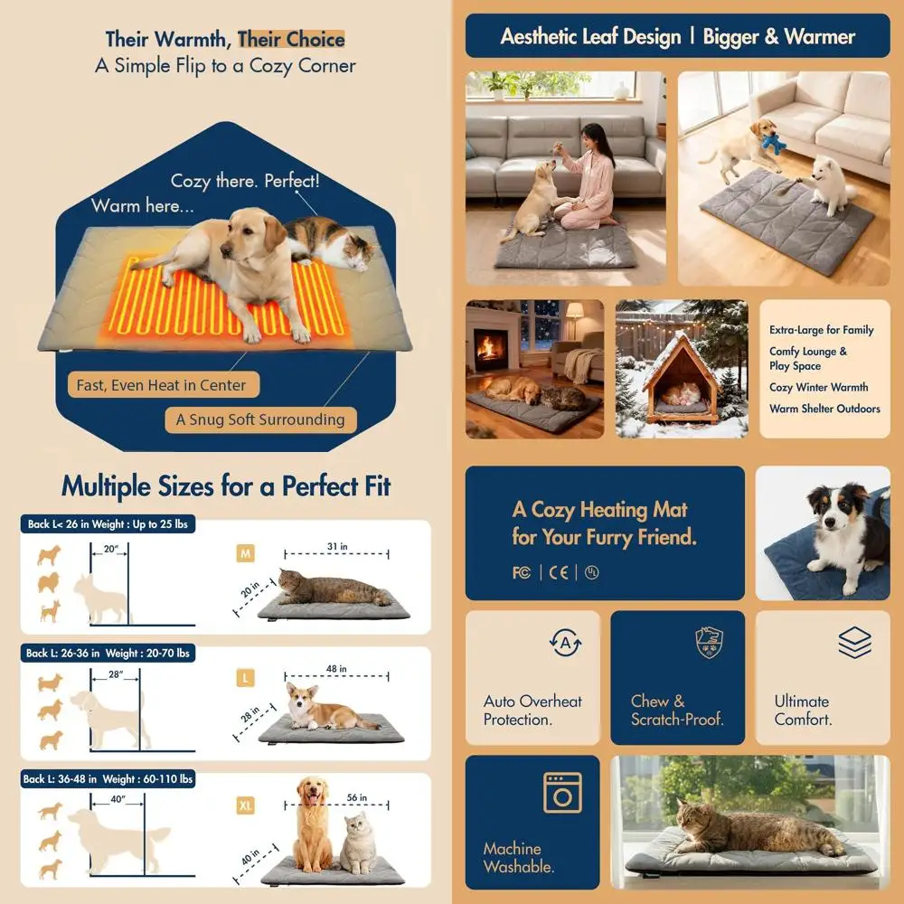 

Водонепроницаемый электрический коврик для домашних животных 56x40 — для использования на открытом воздухе и в помещении, жевательный шнур, моющийся стеганый чехол из пшеницы