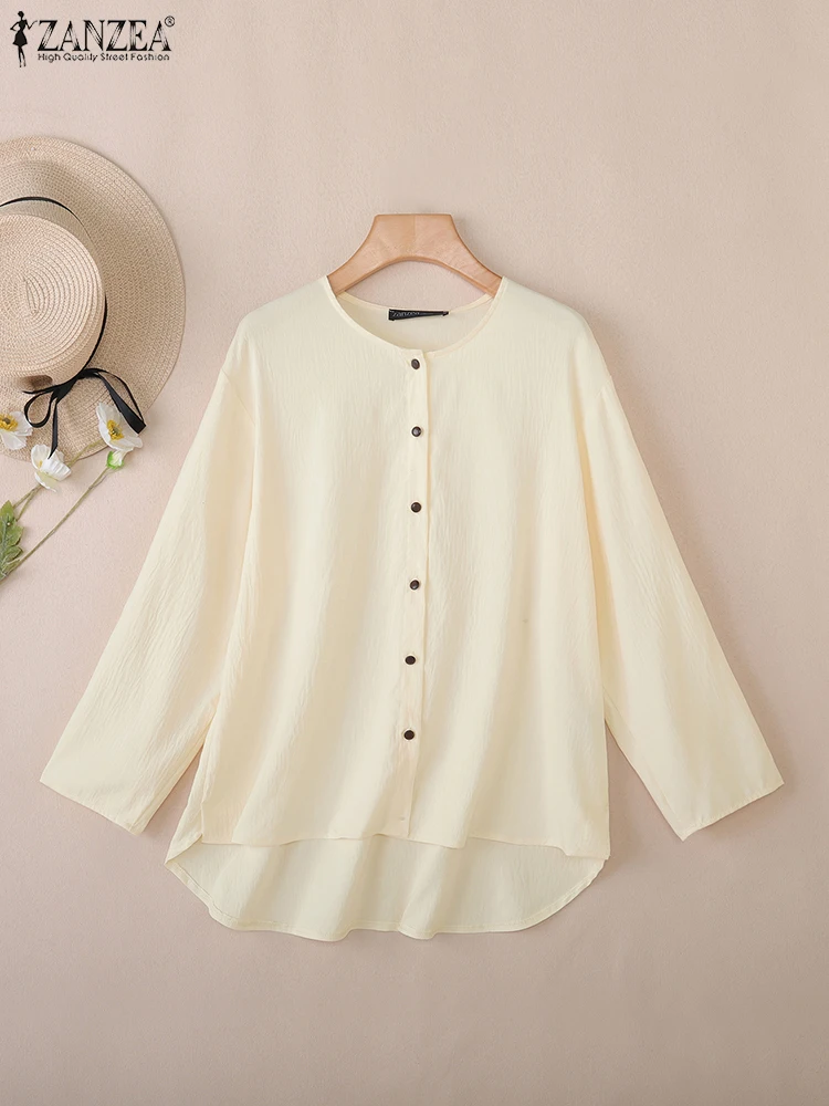 

ZANZEA 2025 Fashion Women Asymmetrical Tops Autumn Shirts Stylish Casual 3/4 Sleeve O-Neck Solid Blouse Loose Blusas Femininas
