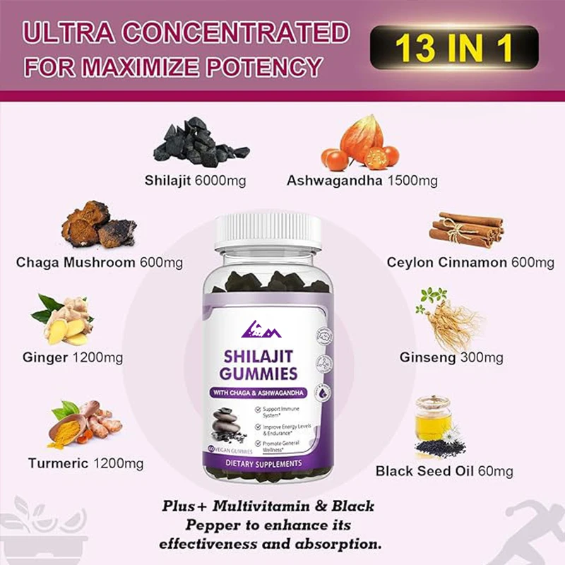 Shilajit gummies, 100% pure natural Himalayan Shilajit suitable for men and women, vegetarian, non genetically modified