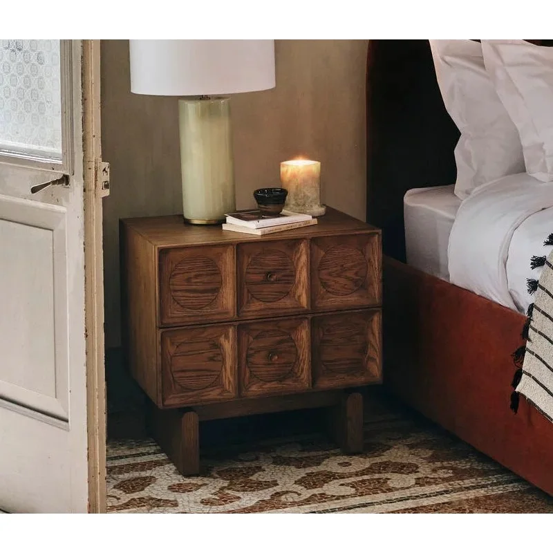 French bedside table featuring antique Zen-style solid wood side table with retro elegant design, with a unique natural style.