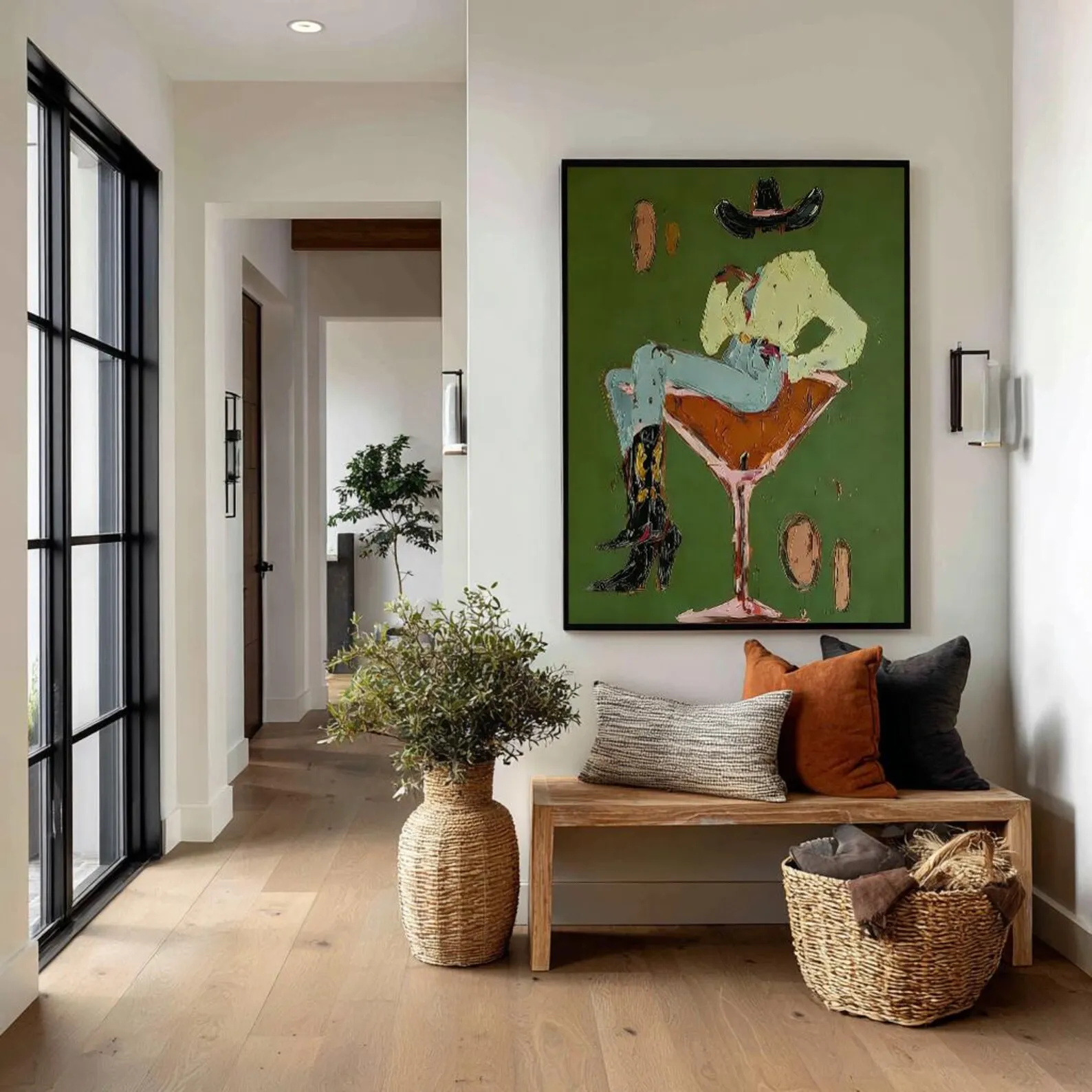Mhemyo Handmade Abstract Figurative Oil Painting Woman in Martini Glass Canvas Art Modern Green Textured Wall Decor for Home Bar