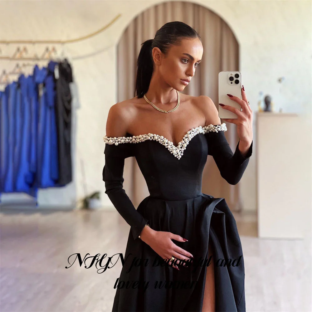 NFYN Black A Line Prom Dress Shiny Pearls Three-Quarter Sleeves Celebrity Dress Side Split Women\'s Evening Dresses Customized