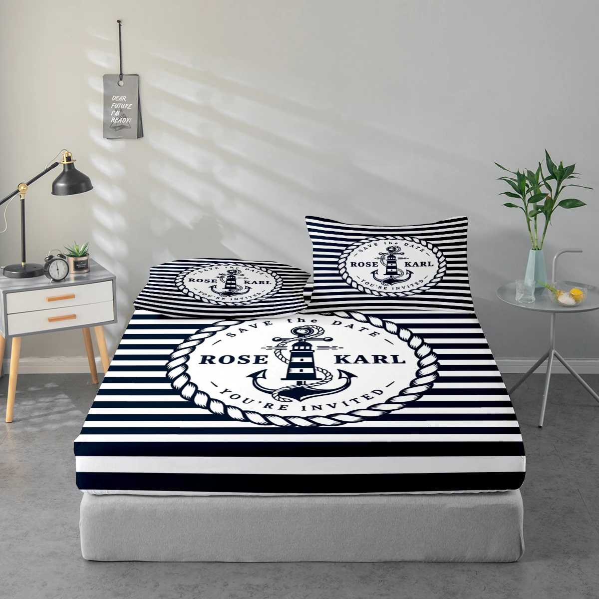 Bed Sheet Set with Nautical Symbol Prints, Mattress Protector and Pillowcase Combination. High-Definition Printed Bed Sheet Set Includes 1 Fitted Sheet + 1 or 2 Pillowcases (60*100cm and 72*132cm Are 1 Pillowcase Each, the Rest of the Sizes Are 2 Pillowcases Each). Suitable for Bedroom and Guest Room, Ultra-Soft Polyester Bedding, Machine Washable, Can Be Used in All Seasons