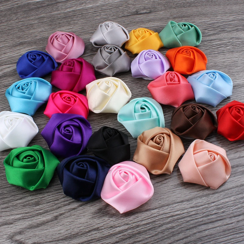 4CM 25Colors Newborn Polyester Satin Ribbon Artificial Rolled Rosettes Fabric Flowers For Headbands Hair Accessories