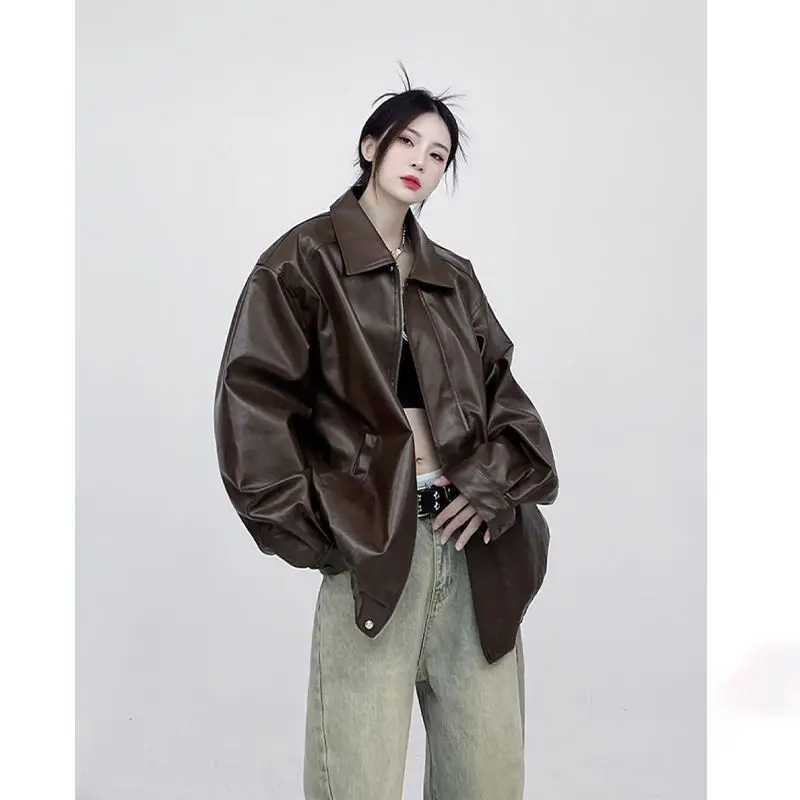 

Spring Autumn New PU Leather Jacket Hip-Hop Top American Vintage Motorcycle Leather Jacket Men's Women's Streetwear Coat Trend