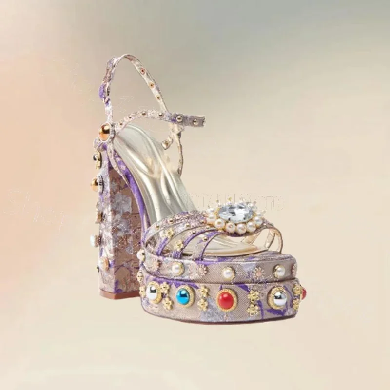 

Crystal Pearl Flower Beads Platform Sandals Buckle Strap Women Shoes Chunky High Heels Party Banquet 2025 Zapatos Para Mujere