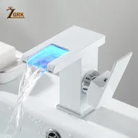 LED Basin Faucet Brass Waterfall Faucet Temperature Color Change Bathroom Mixer Tap Deck Mounted Wash Sink Taps White Black Gold