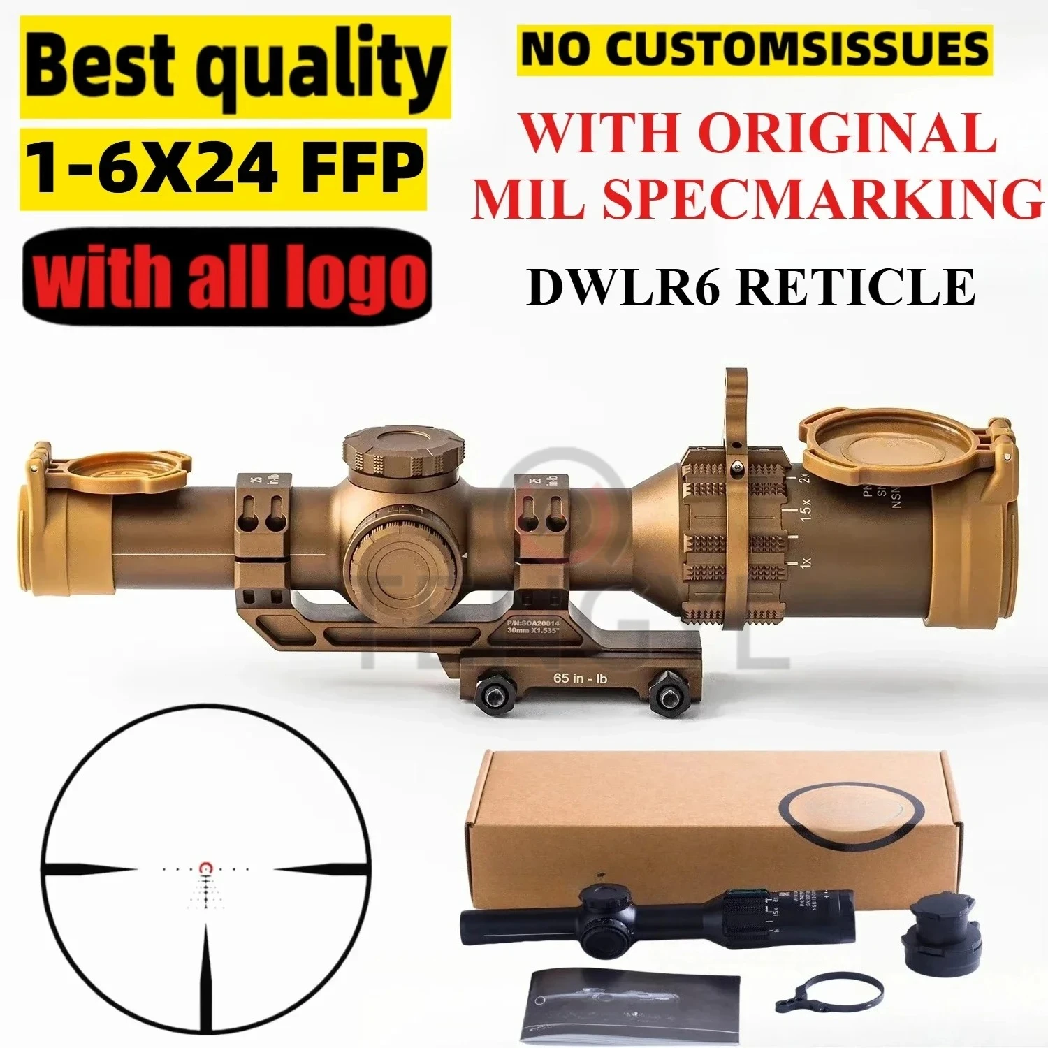 Tactical 6T SCOPE 1-6X24mm FFP First Focal Plane Riflescope DWLR6 Illuminated Reticle w/30mm ALPHA-MSR Cantilevered Mount