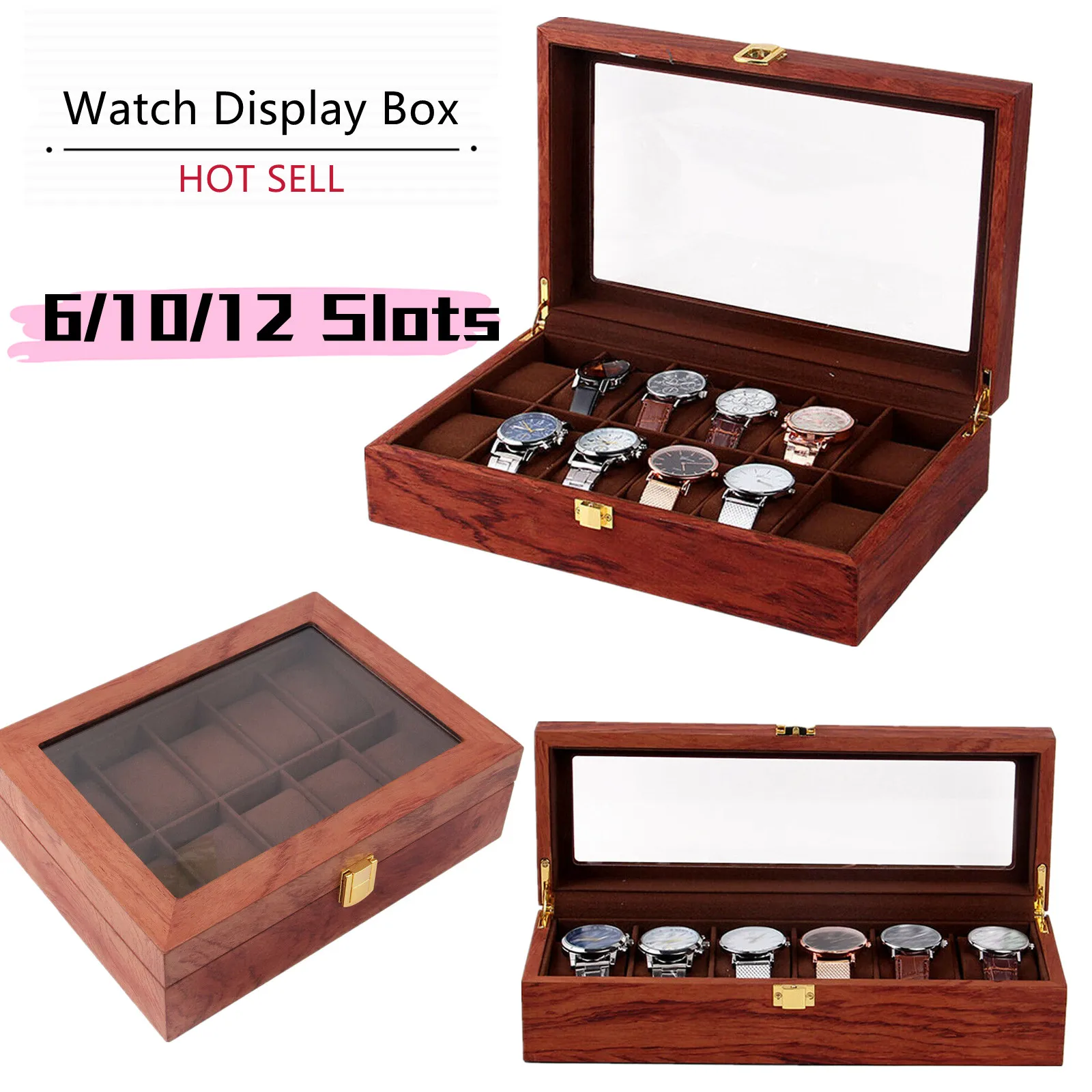 10-Slots Watch Box Grid Watch Jewelry Storage Box Display Wooden Glass Top Vintage Jewellery Organizer Case Gifts