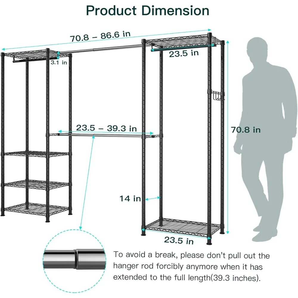 Heavy-duty wardrobe hanger with adjustable metal freestanding laundry storage with 4 hanger rods for easy wardrobe assembly