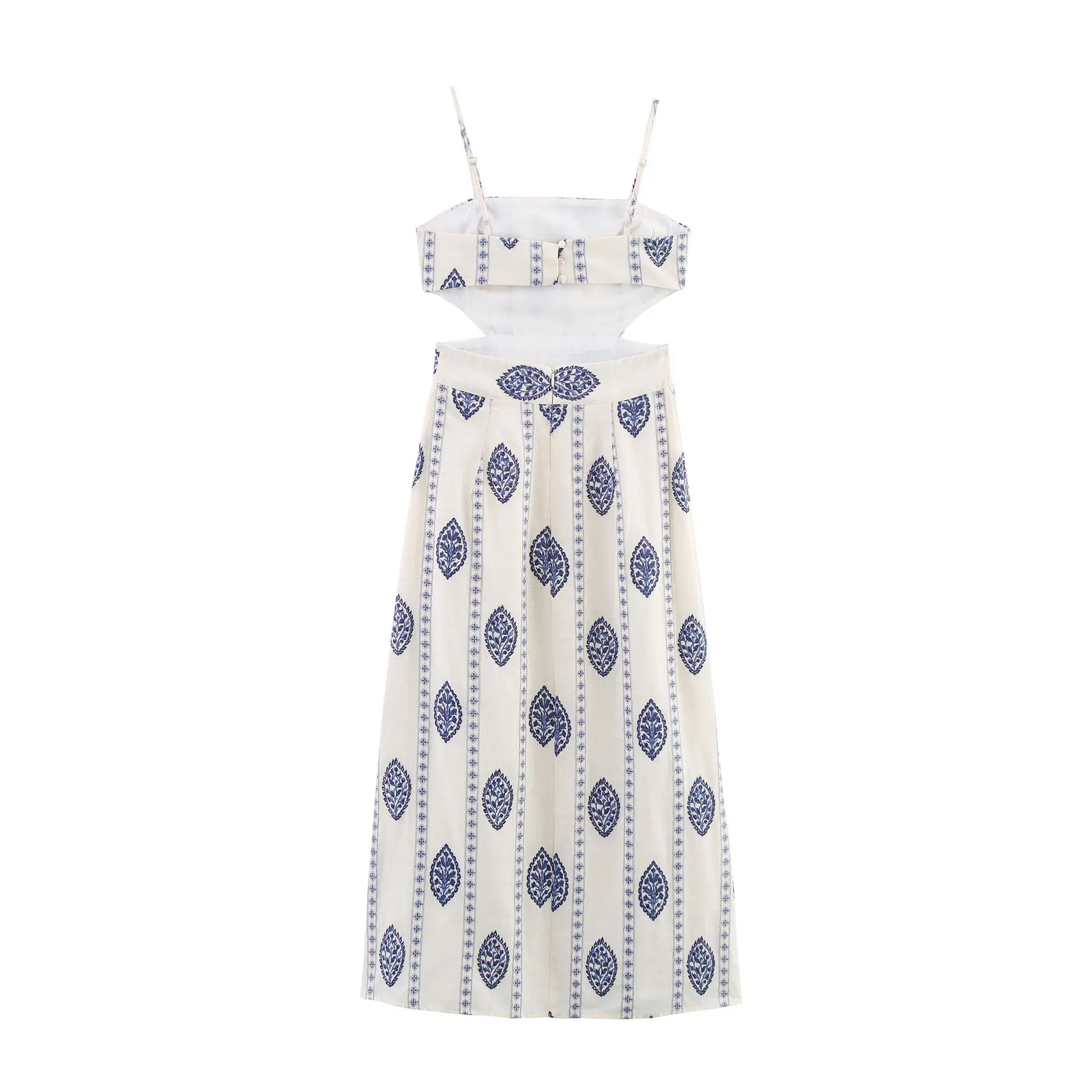 فستان بحمالات على طراز عطلة الشاطئ الصيفية من HH بدون أكمام ومطرز مجوف بدون ظهر ورقبة مائلة فستان نسائي أنيق ميدي