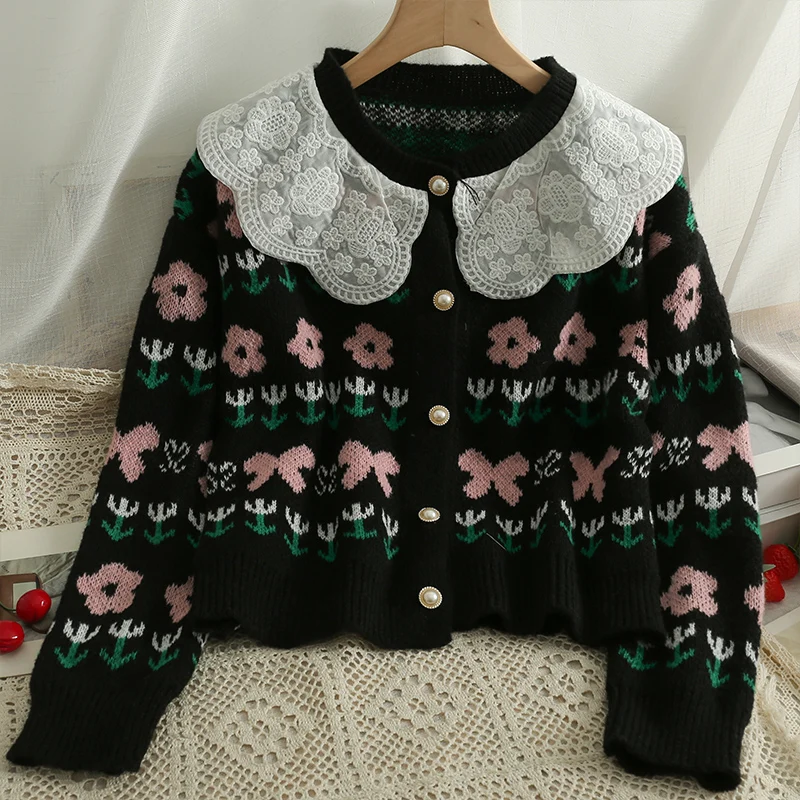 Autumn Winter Women Sweaters Japanese Style Sweet Lace Ruffles Peter Pan Collar Lolita Cardigans Chic Floral Chaqueta Mujer Tops